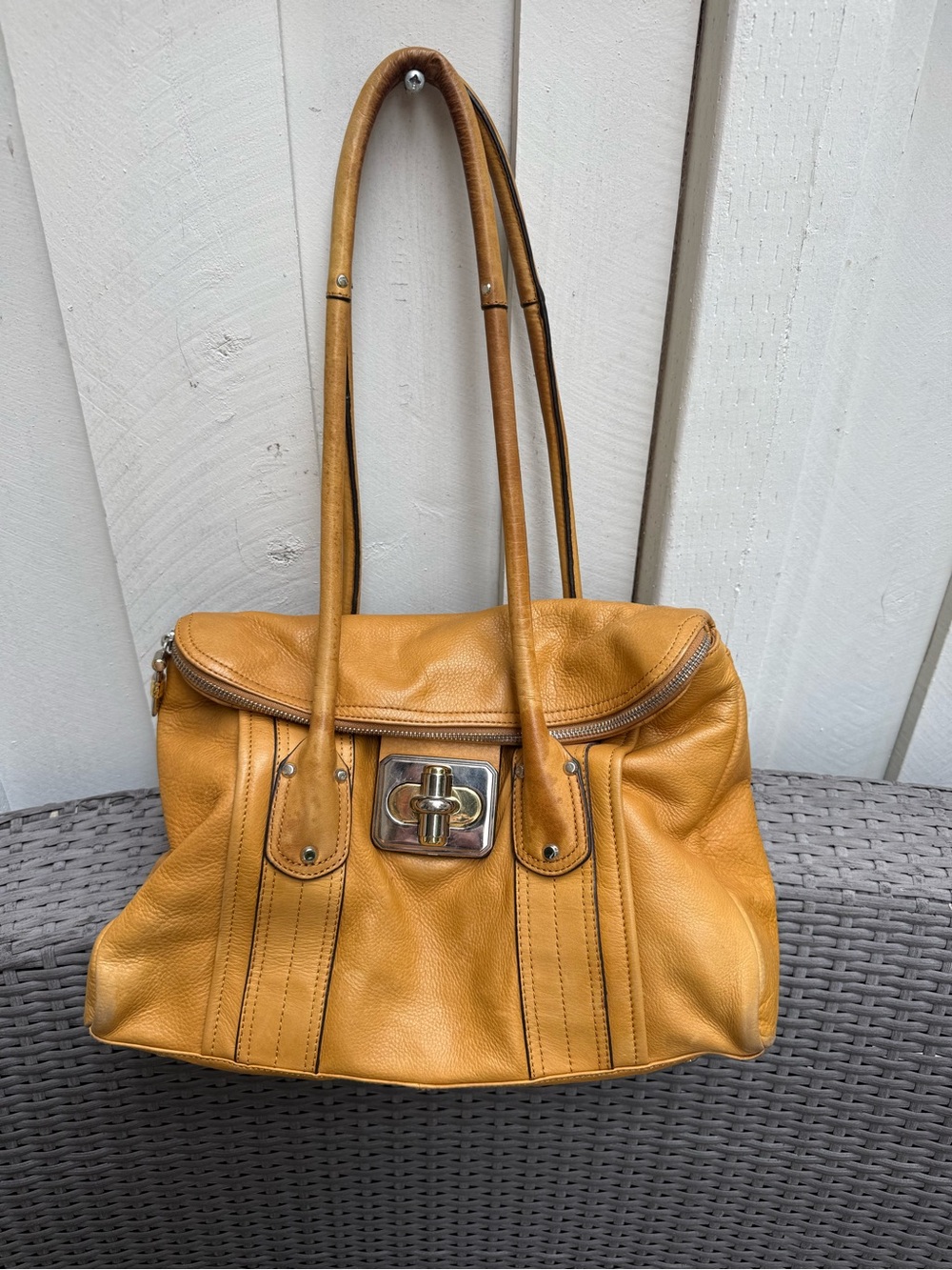 Mustard Yellow Leather Shoulder Bag with Turn-Lock Detail